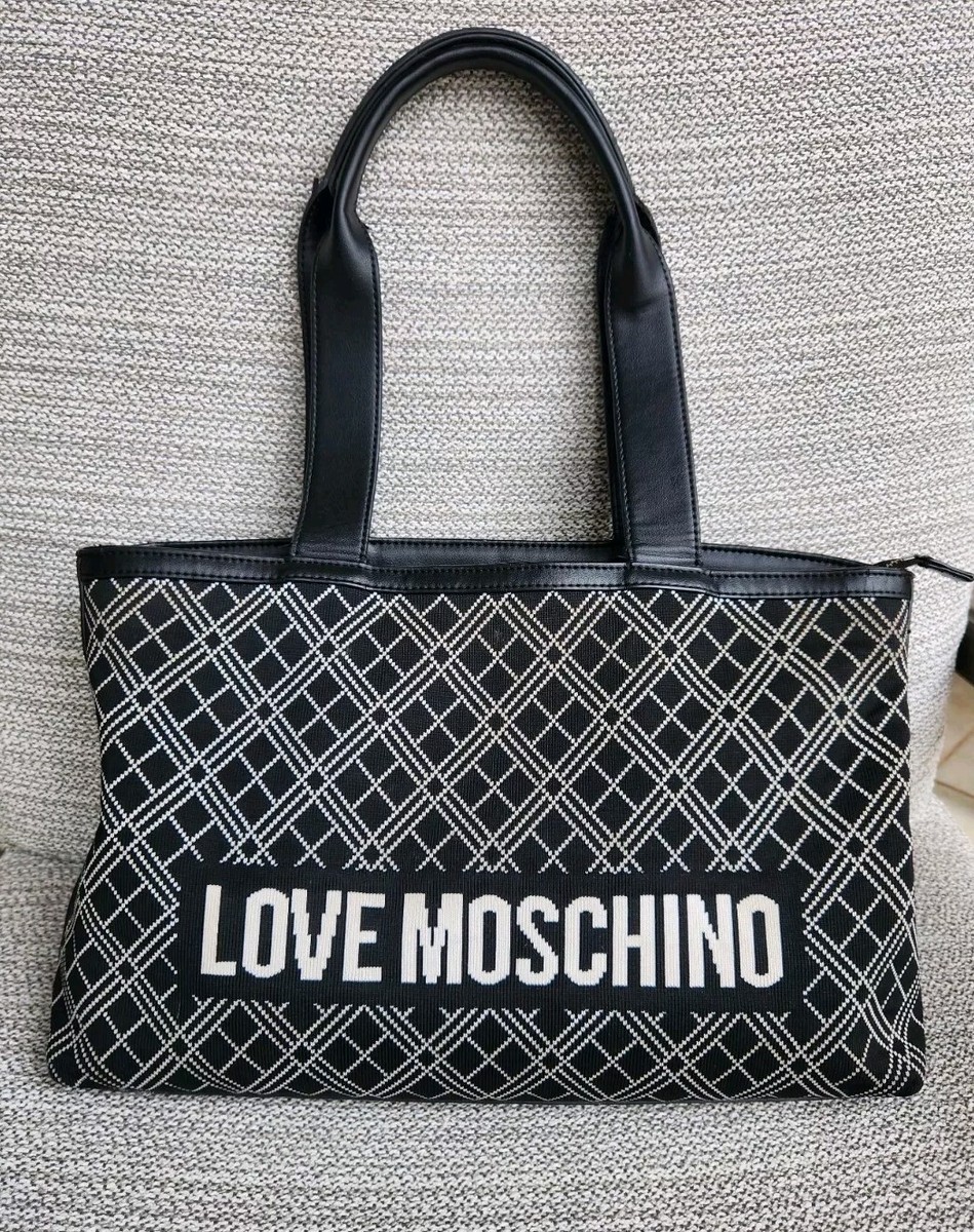 Love Moschino Black & White Knit Geometric Knit Fabric PU Tote