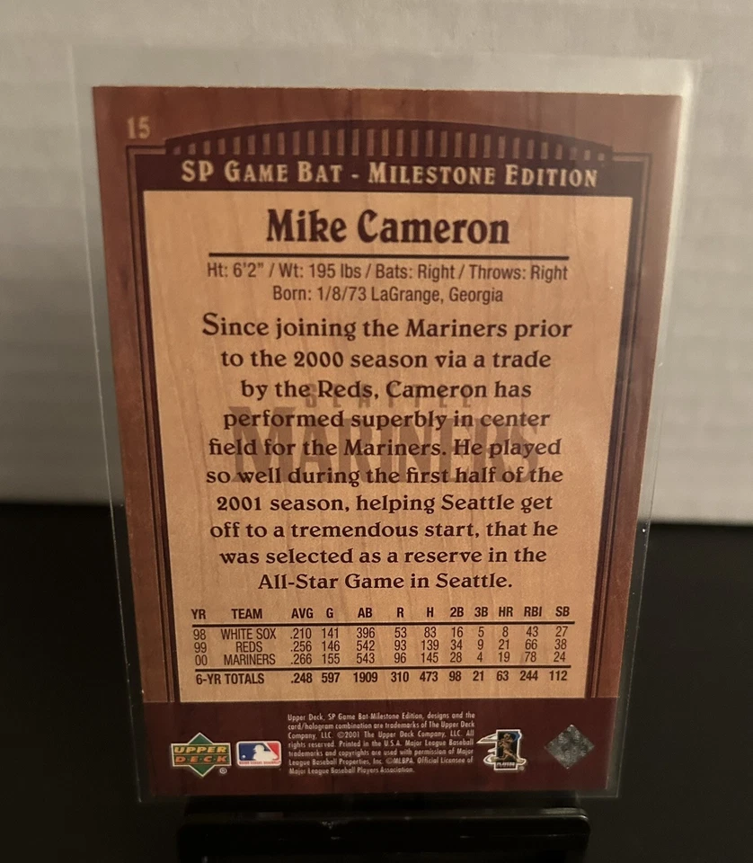 2001 Upper Deck SP Game Bat Milestone #15 Mike Cameron Seattle Mariners - Image 2 of 2