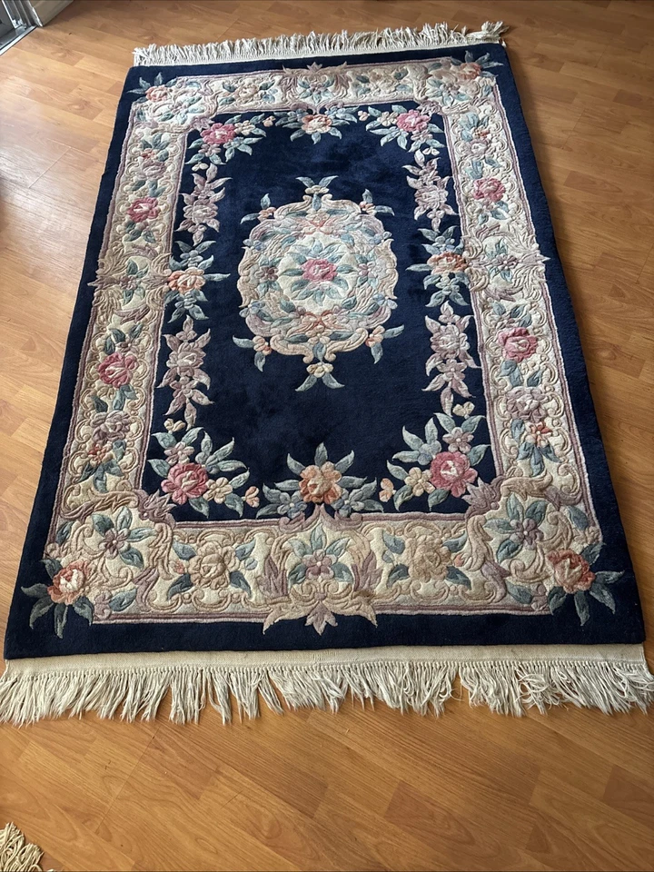 Tibetan 4' x 6' Oriental Hand-knotted Royal Blue Wool Floral Area Rug - Image 2 of 4