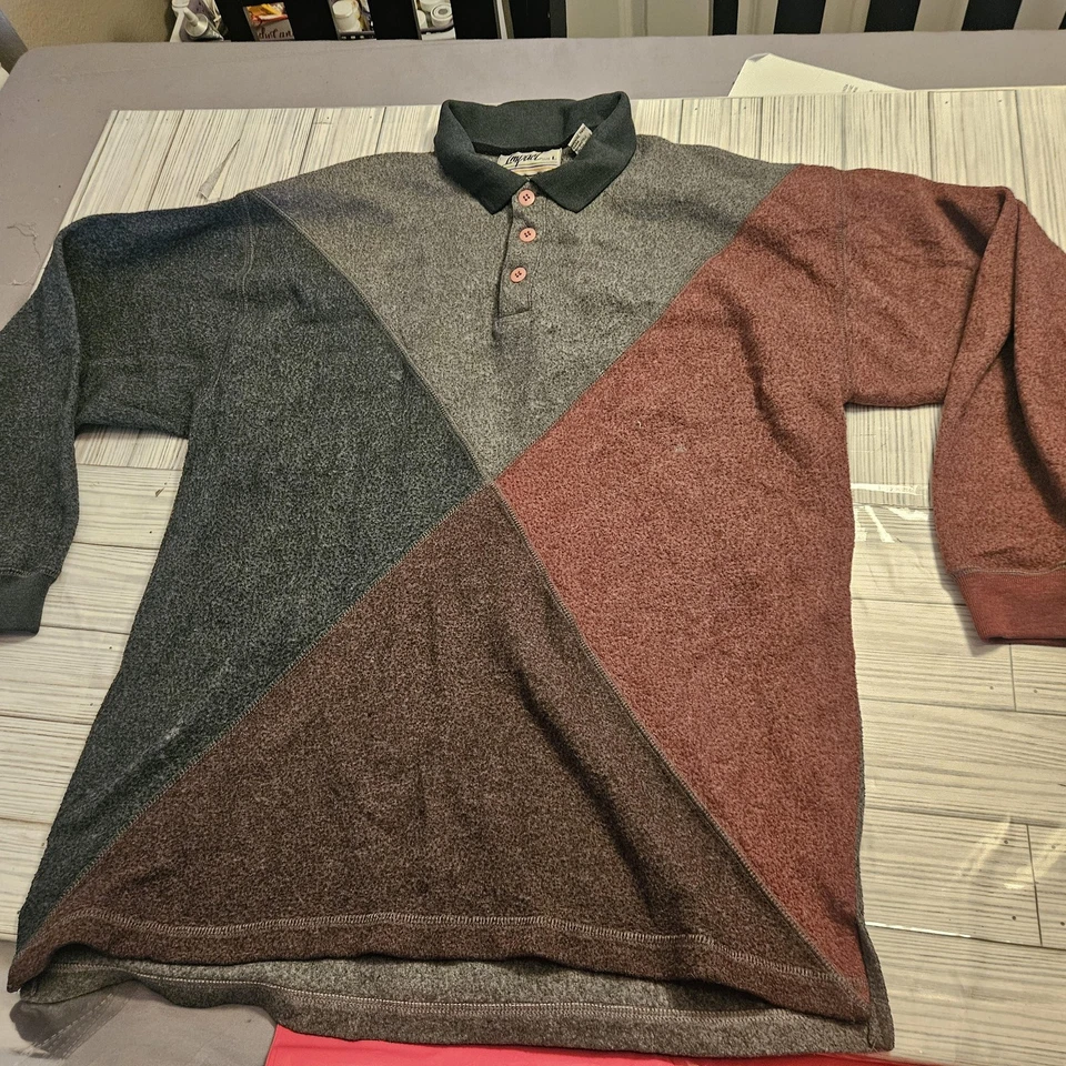 Vintage Impact Shirt Mens Large Gray Maroon Geometric Knit Polo Long Sleeve 90s - Image 2 of 4