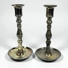 Two Silver Plated CANDLE STICKS 7.5” Taper Holders Wax Drip Bowls READ🔥!SALE!🔥