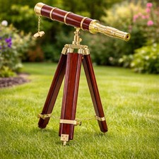 Brass Telescope w/ Wooden Tripod Stand Nautical Maritime Decor Gift