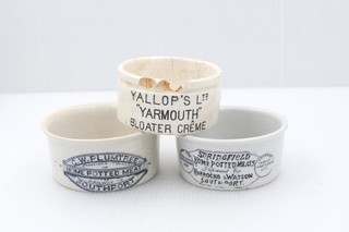 VINTAG c1900 SPRINGFIELD PLUMTREE YALLOPS BLOATER CREAM & POTTED MEAT PASTE POTS