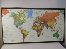 Vintage 1992 Large World Map Framed 30"X53" Gold Frame Classroom Library