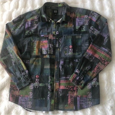 BDG Urban Outfitters Button Up Shirt Mens L Green Abstract Graphic Streetwear