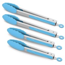 4 Pack Blue Kitchen Tongs, Premium Silicone BPA Free Non-Stick Stainless Stee...