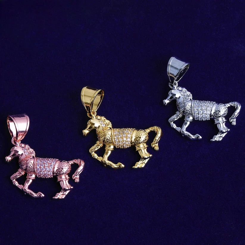 Colar pingente 5AAA+ CZ Ice Out Hop quadril bling cavalo folheado a ouro real 14k - Imagem 2 de 4