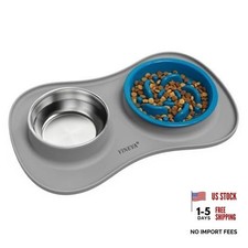 Small Gray 3 in 1 Slow Feeder Dog Bowls - Water Bowl, Cat Food Bowl