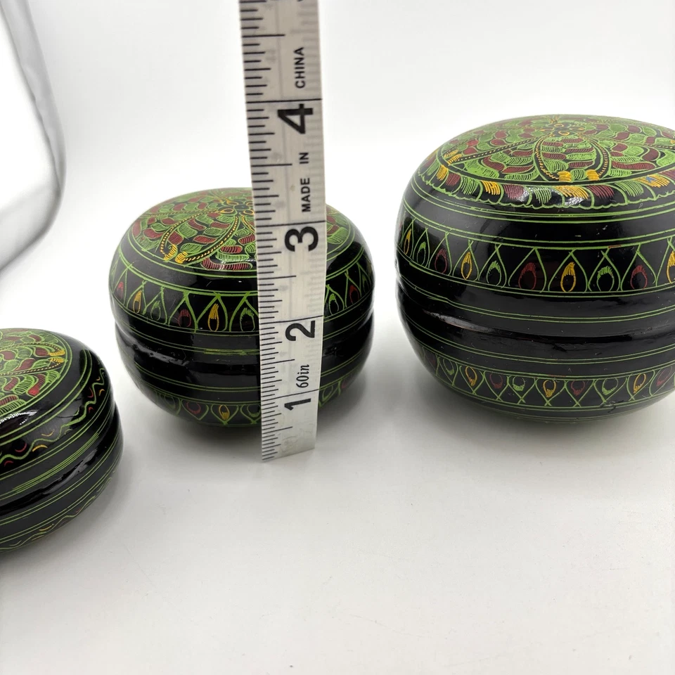 Juego de 3 cajas apilables de laca birmana vintage negro verde re Foto 4 de 4