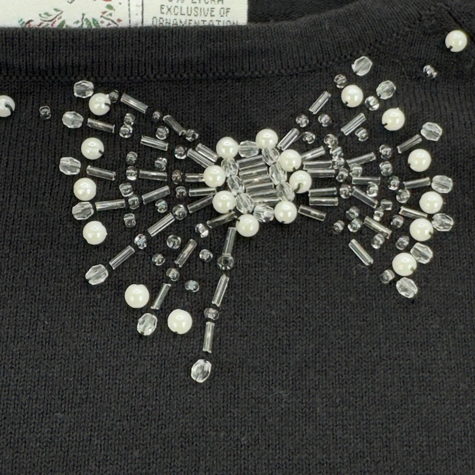 Suéter con lazo con cuentas vintage para mujer talla pequeña negro cuello barco vacaciones años 90 preparación Foto 3 de 4