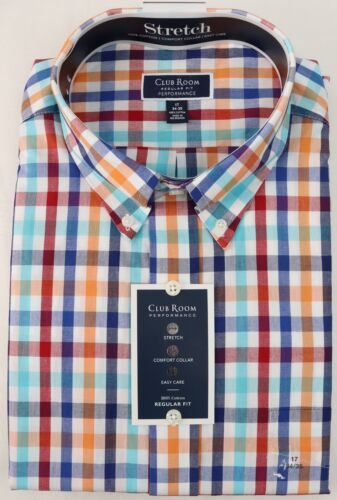 New Mens Club Room Performance Regular Fit Summer Check Dress Shirt XL 17 34/35