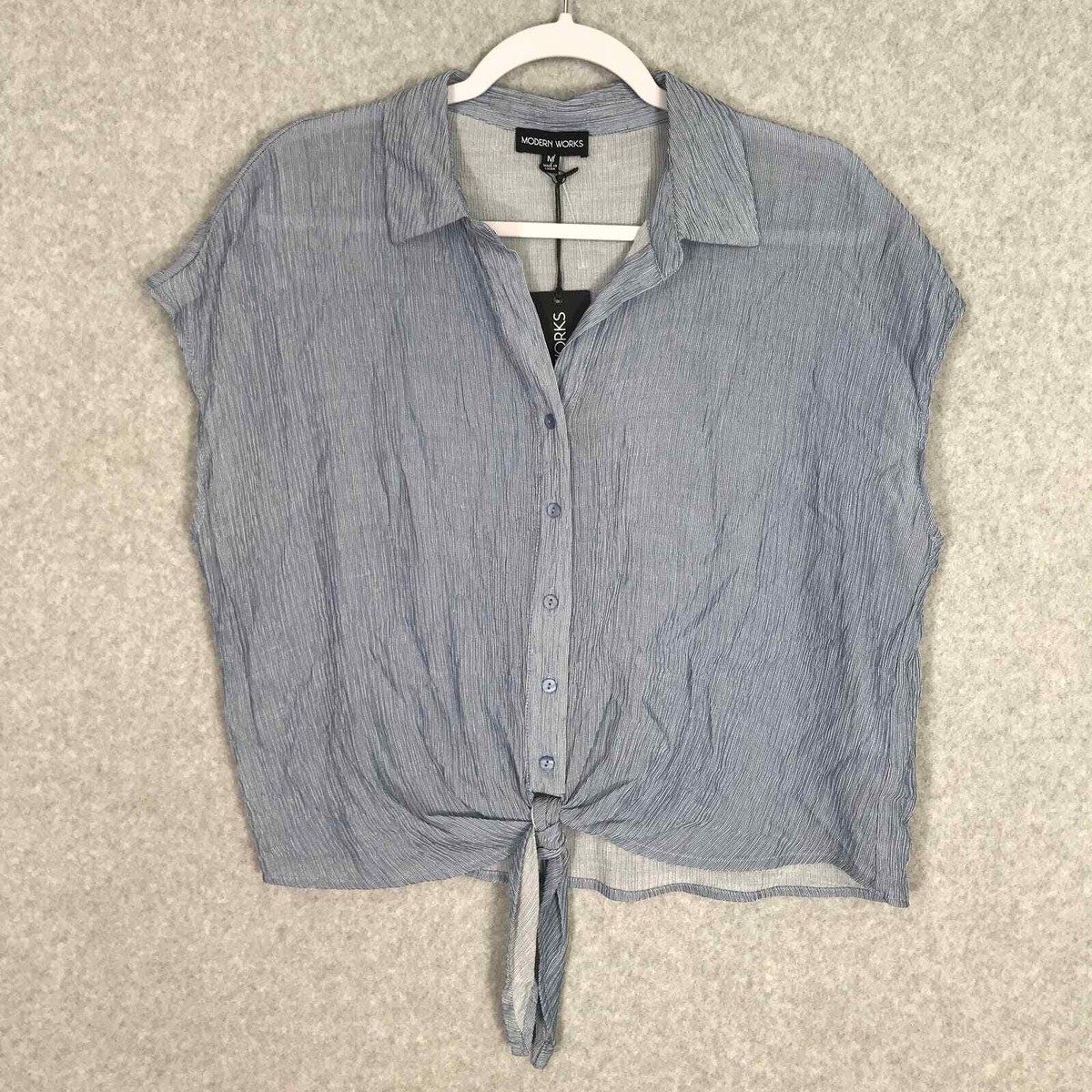Modern Works Shirt Womens Medium Blue Button Blouse Boxy Tie Modern Works Shirt Womens Medium Blue Button Blouse Boxy Tie