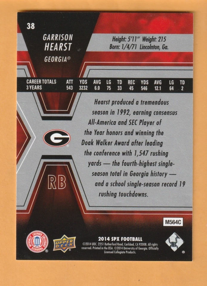 Garrison Hearst Georgia Bulldogs 2014 SPx #38 Lincolnton GA - Image 2 of 2