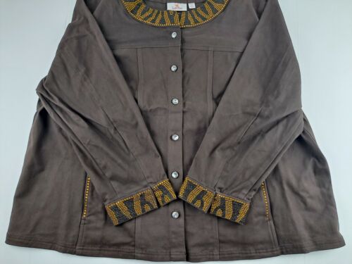 NEW Quacker Factory 3X Brown Jacket Gold Black Rhinestone Studded Jean Denim P - Picture 2 of 10