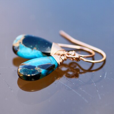 Natural Obsidian Turquoise Earrings 14k Rose Gold Filled , Hooks December Births