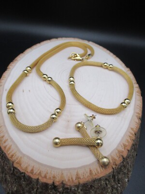 Handmade Jewelry Set Mesh & bead necklace bracelet earrings bright Gold finish
