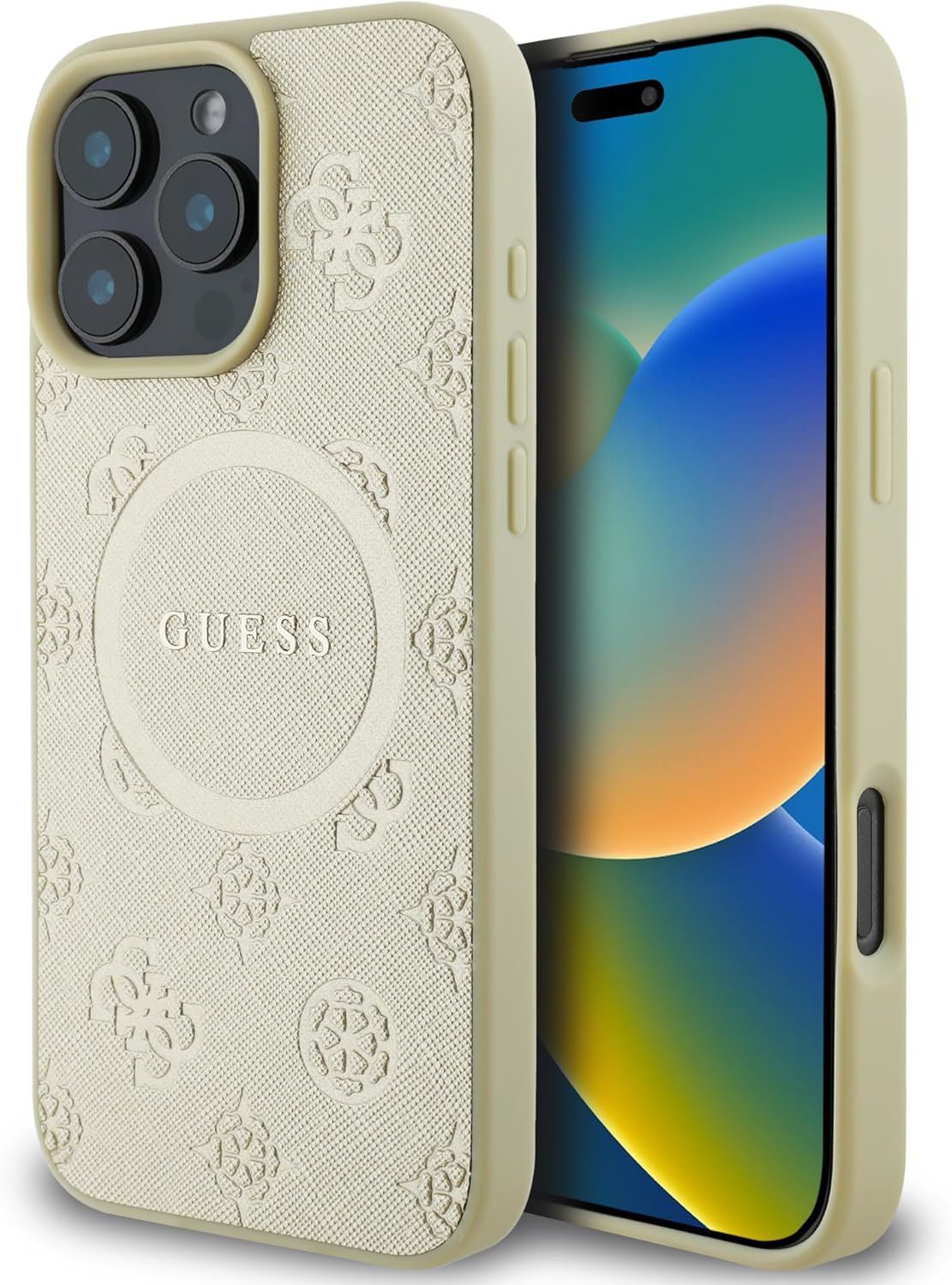 Guess Leather Saffiano Peony Classic Logo Hardcase for iPhone 16 Pro Max Gold