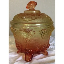 Vintage Jeannette Amberina Red/Orange Yellow Glass Grape Footed Candy Trinket Di