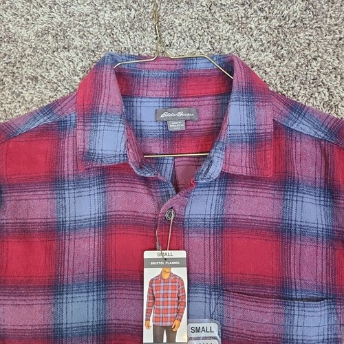 Eddie Bauer Shirt Mens Small Blue Red Plaid Bristol Flannel Button Up NWT $59