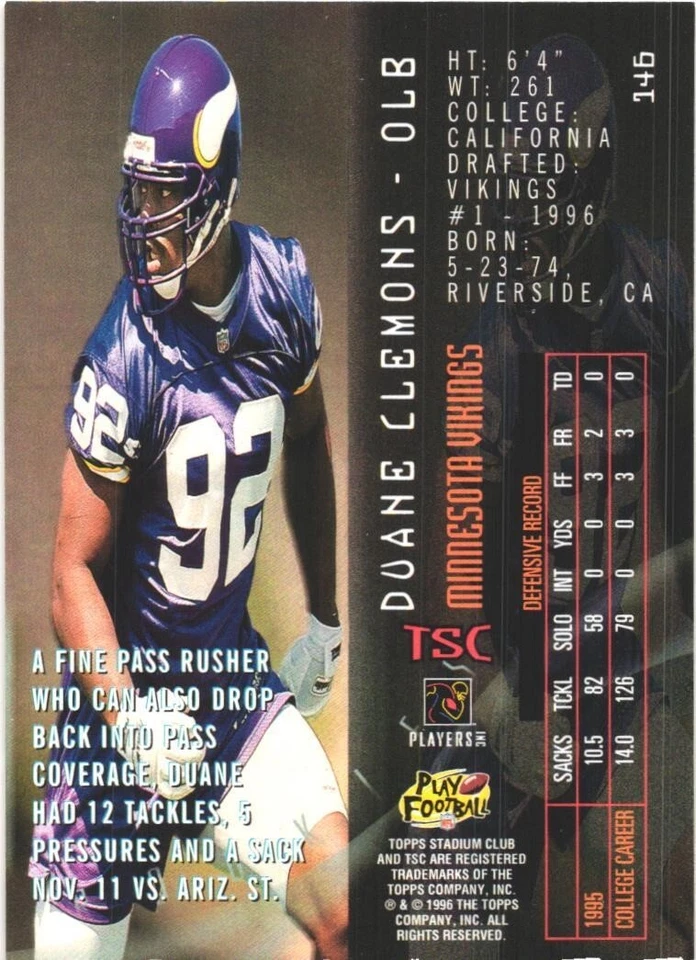 1996 Stadium Club #146 Duane Clemons Minnesota Vikings Rookie Card - Image 2 of 2