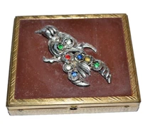 Vtg Powder Mirror Compact Cosmetics MCM Gold Tone Bird Rhinestones