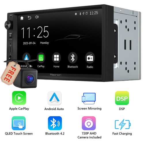 CAM+Double 2Din 7inch Android Auto CarPlay Car In Dash Stereo GPS Navi BT USB BT