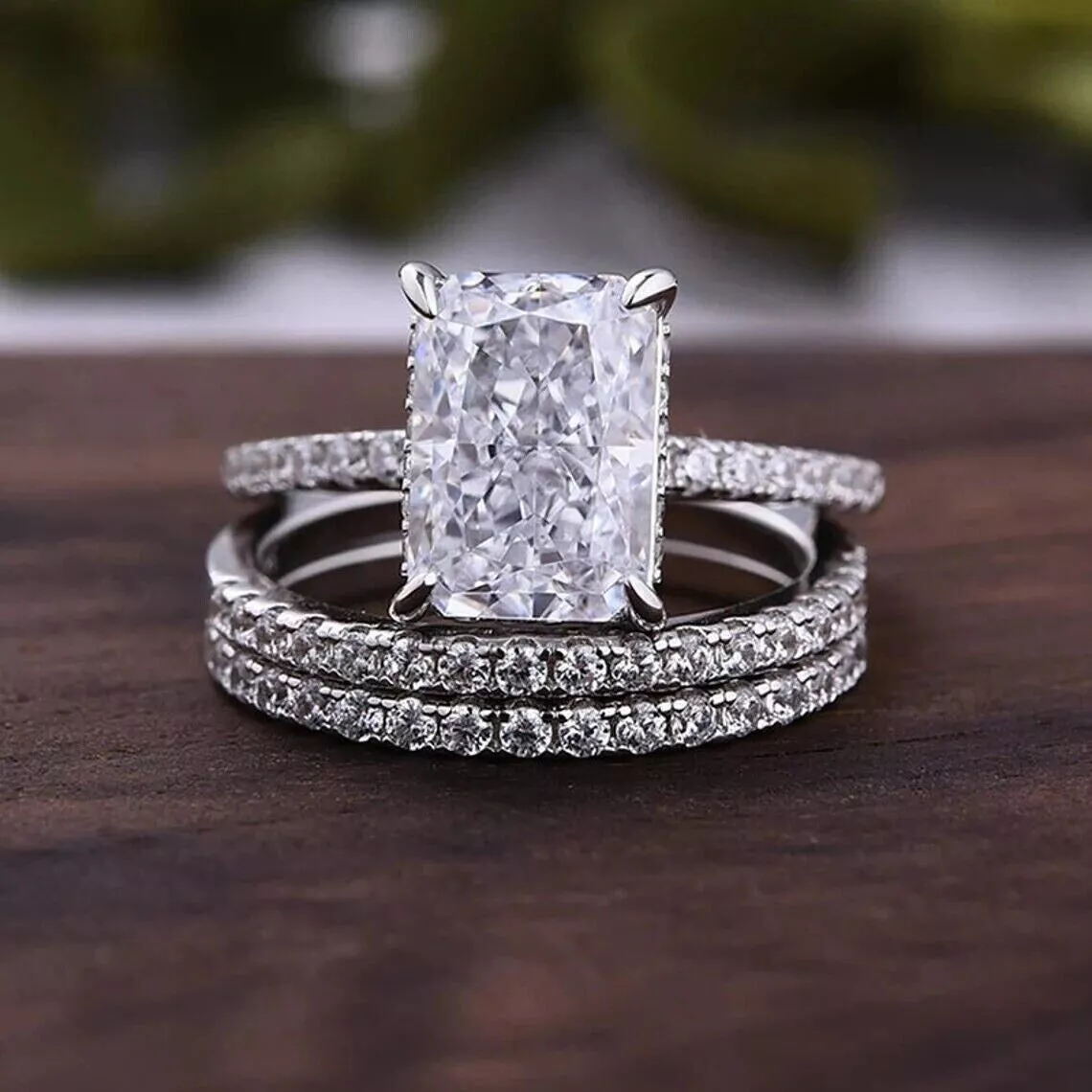 4Ct Emerald Cut Moissanite Trio Bridal Set Engagement Ring 14K
