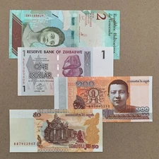 4 Pcs Banknote Lot. Currency Set. Paper Money Zimbabwe Cambodia Venezuela
