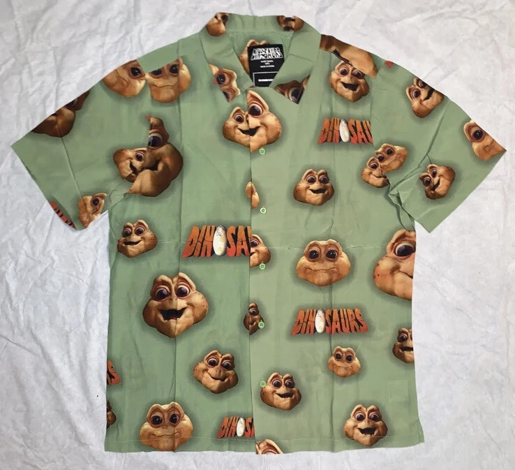 NEW Dumbgood DINOSAURS Men Sz L Button Up Shirt Logo 90s TV TGIF Green