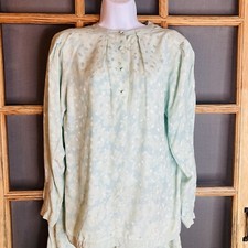 Vintage 100 Silk Skirt Set Retro Green LS Blouse  Skirt Handmade Women Sz 14