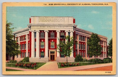 Postcard Bibb Graves Hall, University of Alabama, Tuscaloosa linen B142