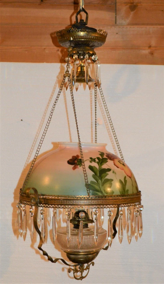 Викторианская гостиная выдвижная лампа красивый вручную абажур призма кристаллы 1890-е - Изображение 4 из 4