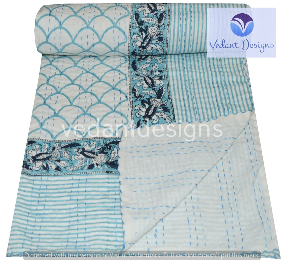 Colcha de algodão com estampa de bloco indiano Kantha feita à mão - Imagem 2 de 4