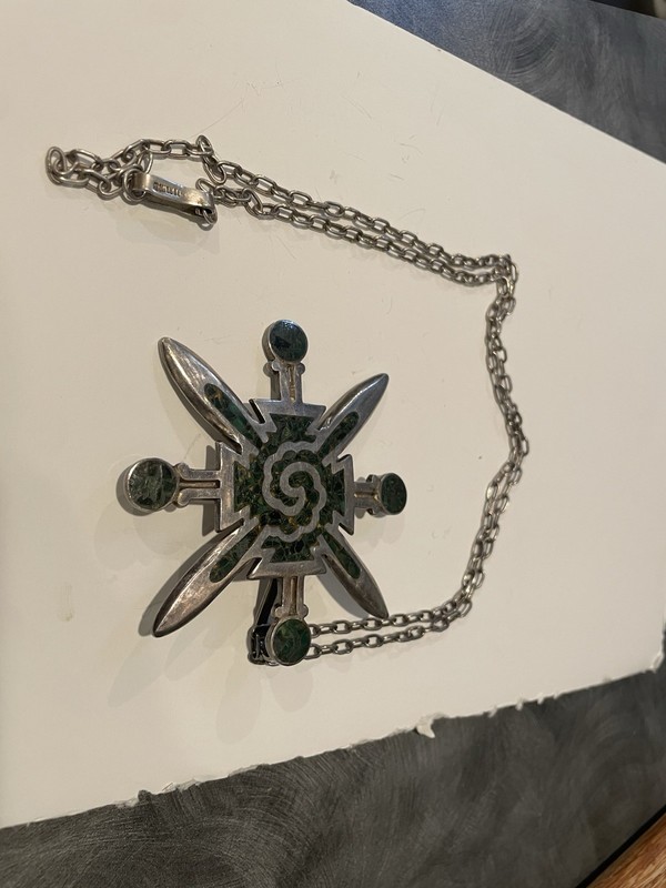 Vintage Awesome Mexican Sterling Silver Turquoise Pendant Necklace & Chain