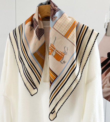 70% Cashmere 30% Silk Scarf Neckerchief horse Print 26'' Bandanna Shawl Wrap