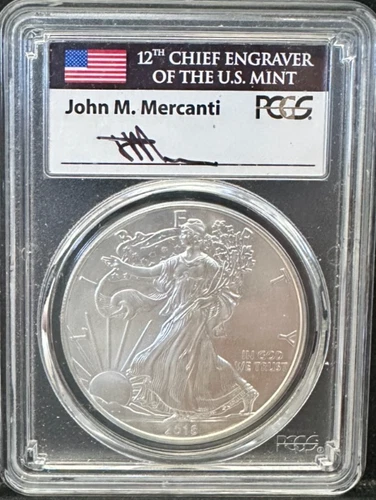 2018 W BURNISHED SILVER EAGLE PCGS SP70 FLAG FDOI Mercanti