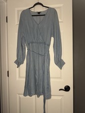 Karen Kane  Faux Wrap Chambray Dress Belted Blue Snap Neck Line Large