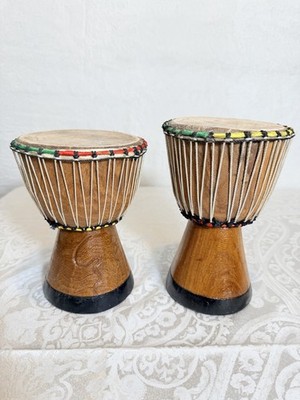 Pair Of 2 African Djembe Hand Drums Hand Carved Wood Percussion Bongo Boho