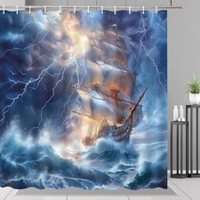 Boat Shower Curtain Lightning Storm Tall Ship Night Ocean Scenic Art with Hooks