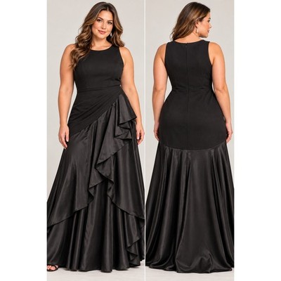 Betsy & Adam Womens 18W Black Crepe Satin Ruffle High-Low Evening Gown A27305Y
