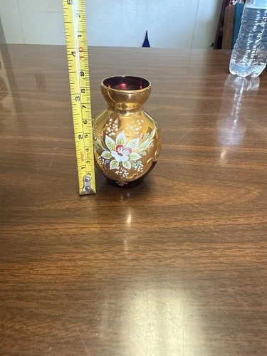 Vintage Mini T. Murano Glass Vase – 24k Gold Decorated – Hand Painted Floral –