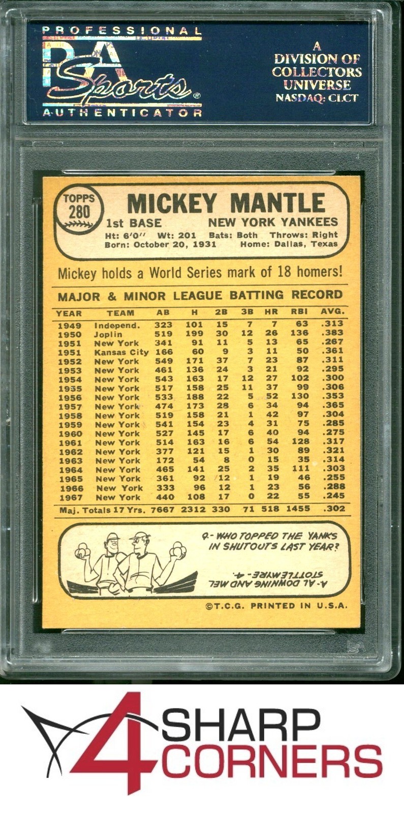 1968 TOPPS #280 MICKEY MANTLE YANKEES HOF PSA 5 view 2