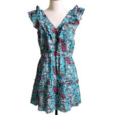Anthropologie Ro’s Garden Women's L Blue Floral Ruffle Minidress V-Neck 