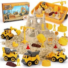 Play Sand Construction Set: 2.2lbs Sand, 4 Trucks, Signs, Sandbox for Kids 3-8