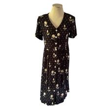 Vtg Y2K 2000s Black Floral Button Dress S Cottagecore Whimsygoth Fairy Grunge