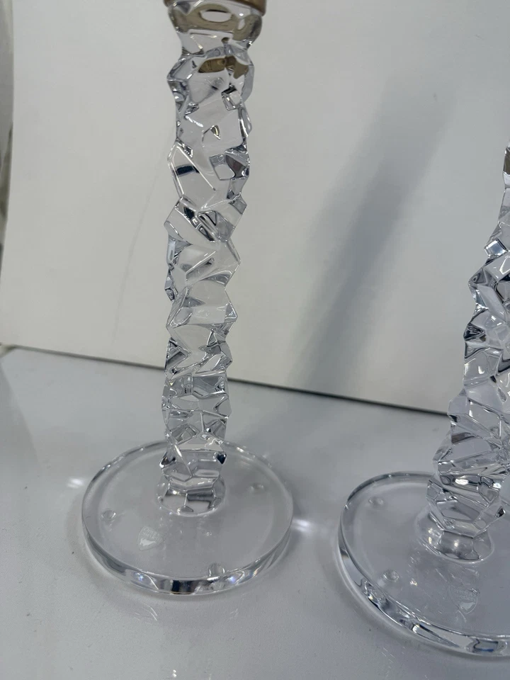 Orrefors Carat 9.5” Crystal & Brass Candlesticks, Pair Candle Holder Clear - Image 3 of 4