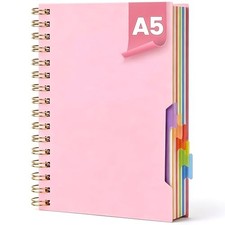Spiral Notebook with Tabs, 5 Subject Spiral Notebook College Ruled with Pink