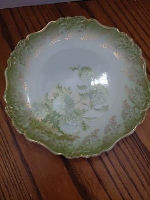 Antique Rosenthal Bavaria Scallop Plate Green W/Gold Trim Snowball Flowers