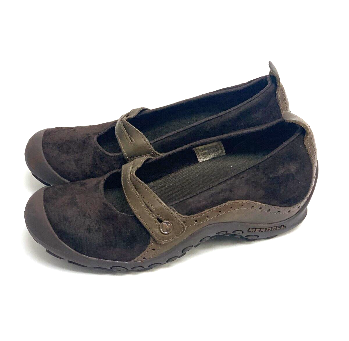 Merrell Plaza Bandeau marrone scamosciato Mary Jane zeppa slip on donna attivo taglia 6