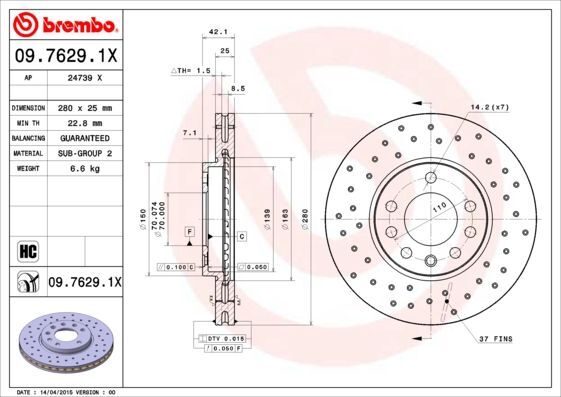 2X Brembo 09.7629.1X Bremsscheibe-image